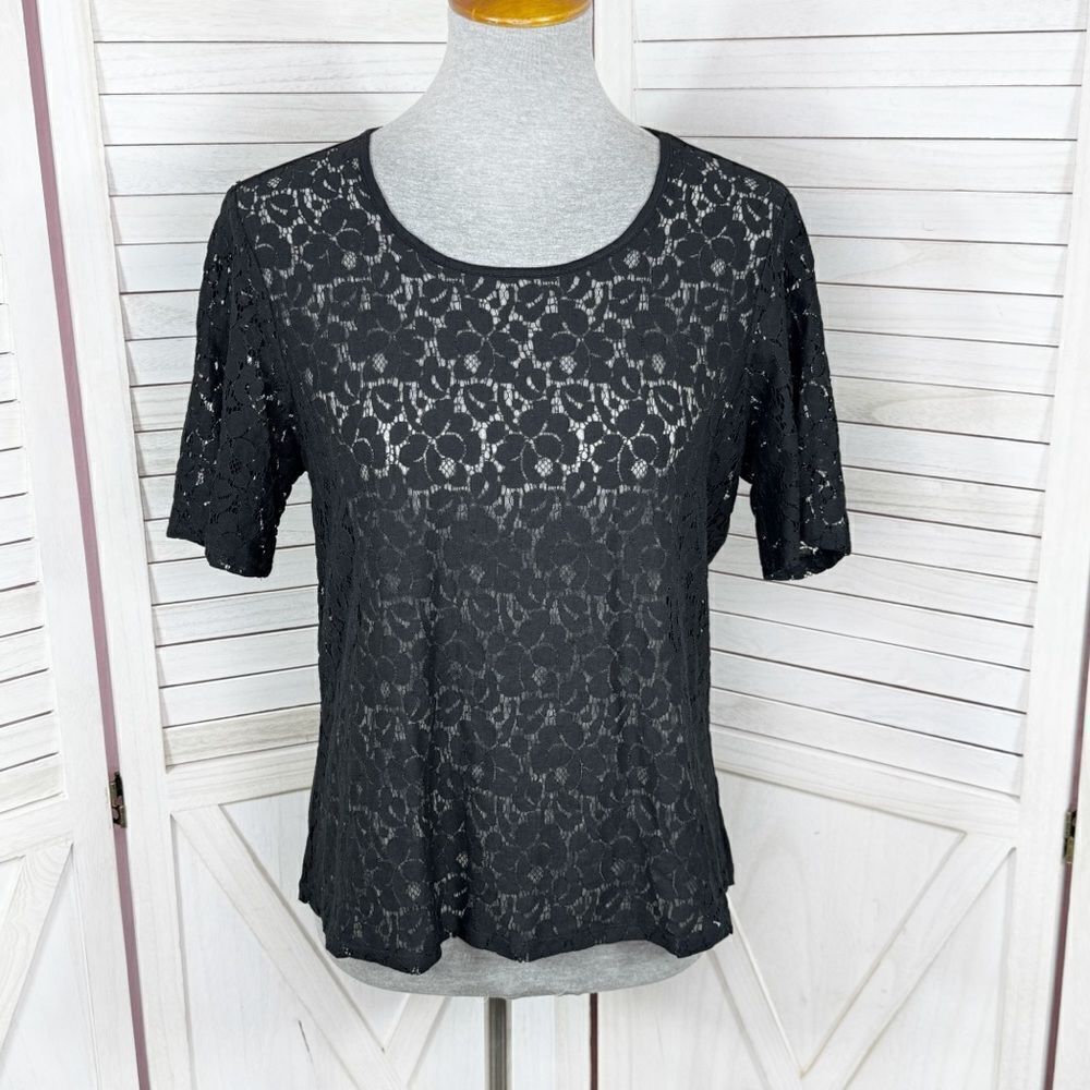 City Streets Sheer Lace Front Short Sleeve T Shirt Black Petite Medium